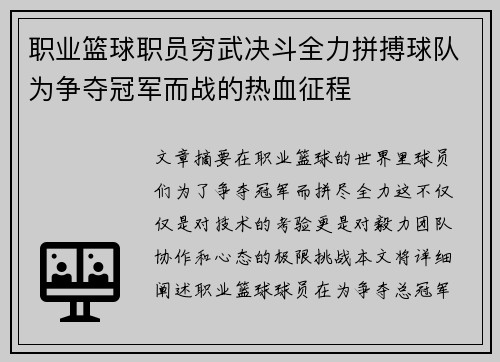 职业篮球职员穷武决斗全力拼搏球队为争夺冠军而战的热血征程